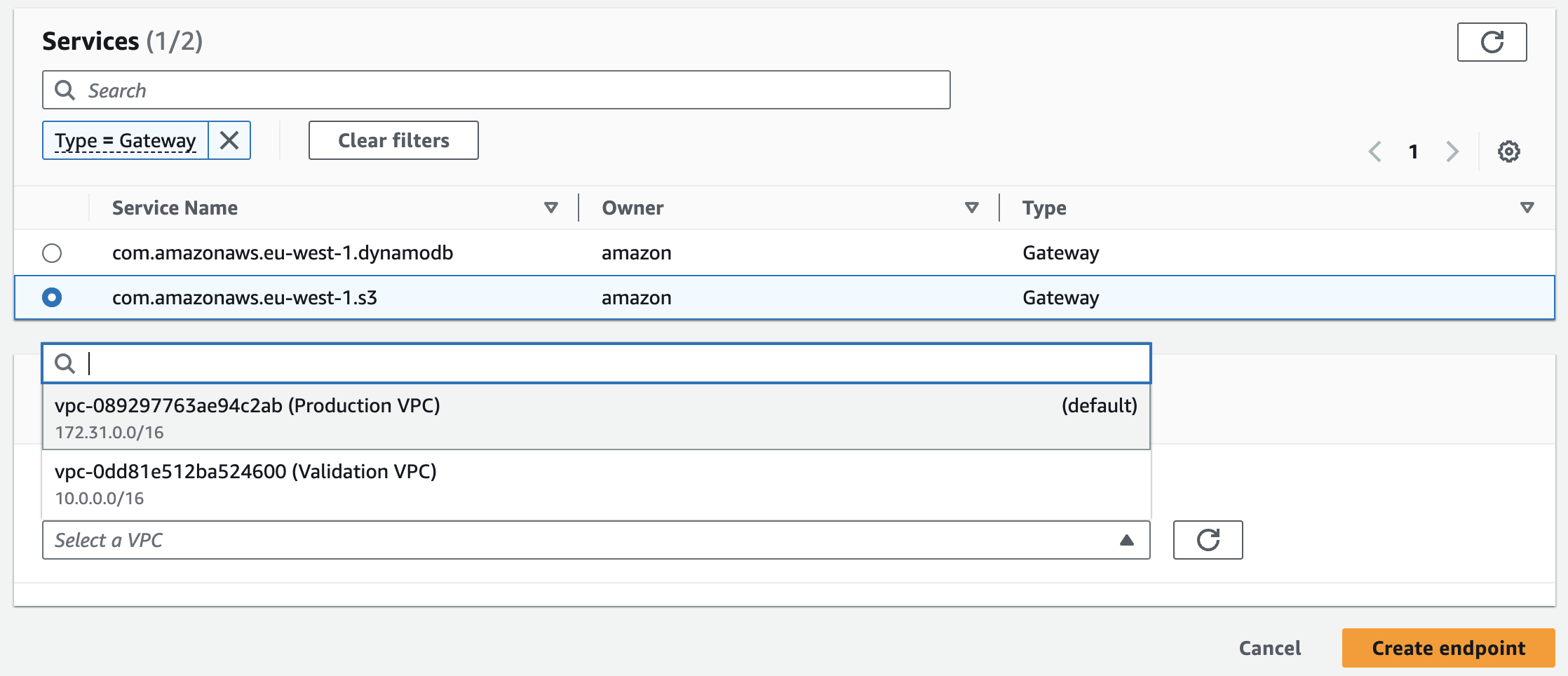 create gateway endpoint