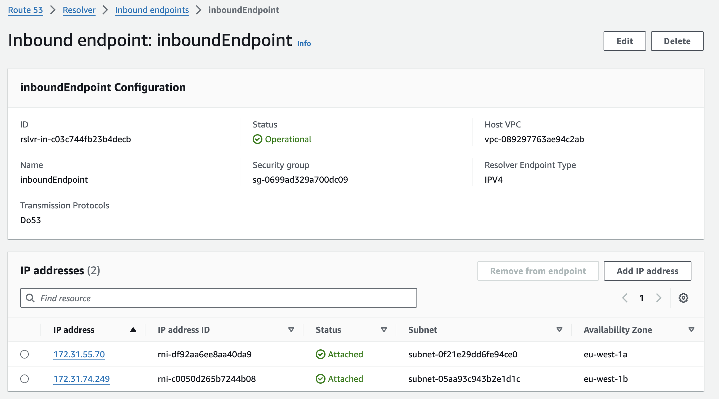 route53 reslover inbound endpoint