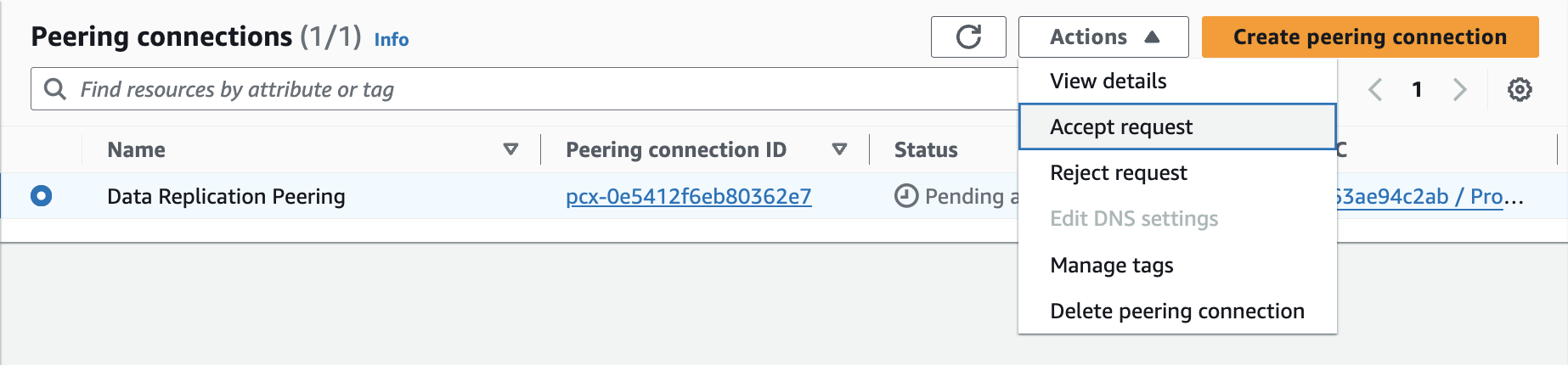 accept vpc peering connection