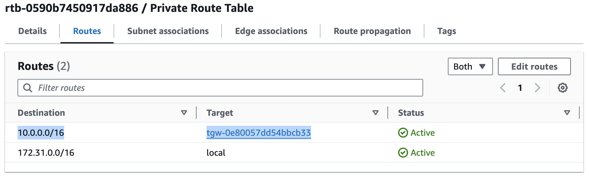 subnet route table with transit gateway route target